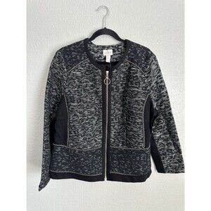 Chicos Jacquard Jacket Womens Size 3 XL Black White Full Zip Long Sleeve Knit